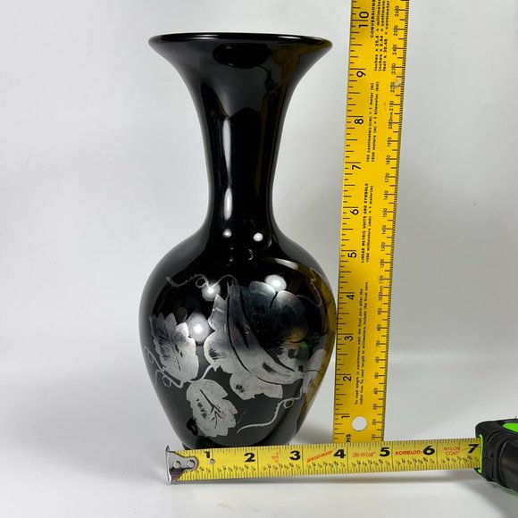 Fenton Silver Poppies On Ebony Black Burnished Silver Vase Hand Painted Signed - Picture 14 of 15